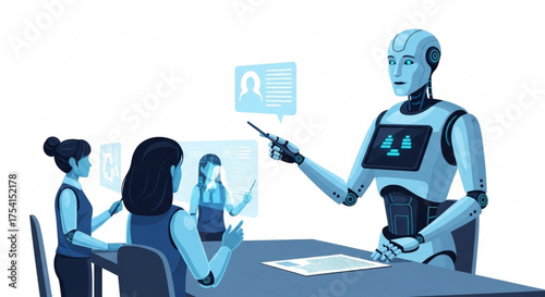 Ai robot in business meeting presenting data to human employees for artificial intelligence concept use case