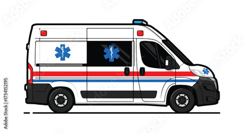 Ambulance emergency vehicle illustration, transport for patients, medical transportation support, car with blue and red stripes, isolated on white