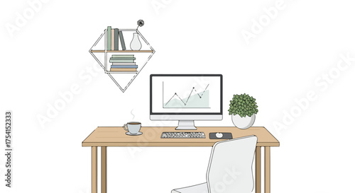 Minimalist workspace illustration featuring computer with graph, coffee cup, and simple decor offering a clean office aesthetic