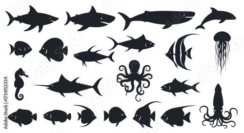Elegant marine life silhouettes: A captivating collection of sea creatures, perfect for coastal decoration projects, vector designs or ocean themed