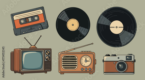 Vintage media collection retro technology devices cassette record player tv radio camera illustration