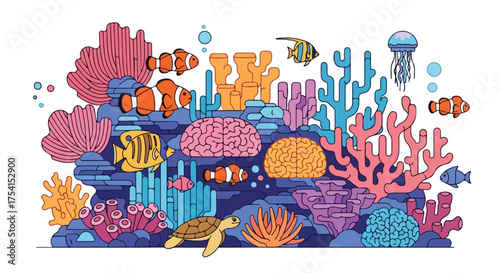 Vibrant underwater ecosystem illustration featuring coral reefs, marine life and symbolic brains, showcasing a colorful and whimsical aquatic scene