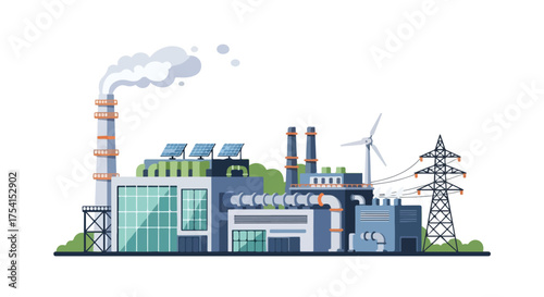 Modern energy production facility illustrating varied power generation methods and environmental considerations
