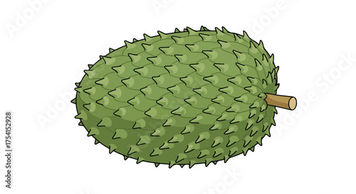 Detailed Soursop Illustration Displaying its Unique Spiky Green Skin and Cylindrical Stem against a Clear Background