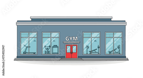 Stylized Gym Front View Illustration Showcasing Fitness Equipment Through Large Windows for Active Lifestyle Themes