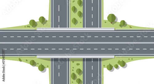 Aerial schematic rendering illustration of modern highway junction with greenery, showcasing efficient road infrastructure and connectivity solution