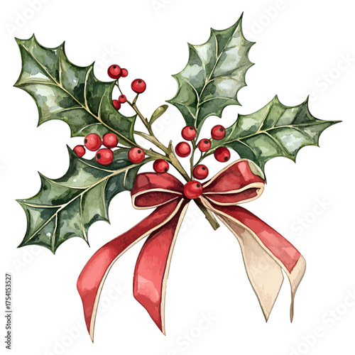 Holly with Red Berries and Bow: Festive Christmas Clipart
