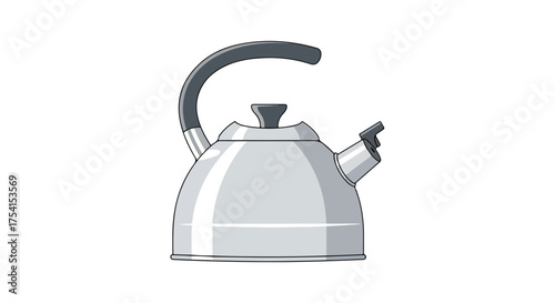 Stylized depiction of a classic stovetop kettle in shades of gray with a black handle designed for boiling water for tea or coffee
