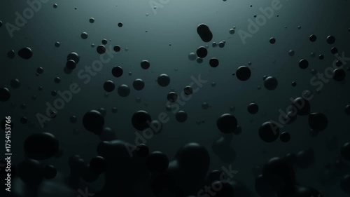 3D render of floating black spheres suspended in a dark ambient space. Abstract and moody visual with volumetric depth and minimal design. Perfect for futuristic and artistic compositions.