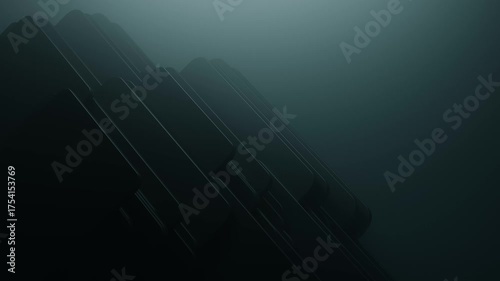 Stylized 3D render of layered black rectangular plates forming a diagonal pattern in a foggy ambient space. Minimalist design with soft lighting. Elegant and modern abstract backdrop.