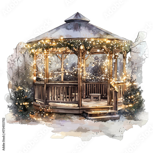 Cozy Winter Gazebo with Christmas Lights: Watercolor Holiday Clipart
