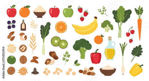 Assortment of Fresh Fruits Vegetables and Healthy Foods for a Balanced and Nutritious Lifestyle Collection