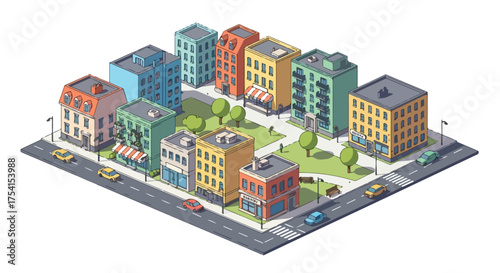 Isometric urban landscape illustration with diverse architecture, roads, and vehicle movement showcasing city planning and urban lifestyle