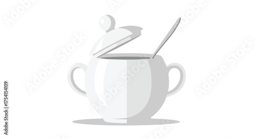 Sleek sugar bowl with lid ajar and spoon nestled inside casting a subtle shadow on a pristine background