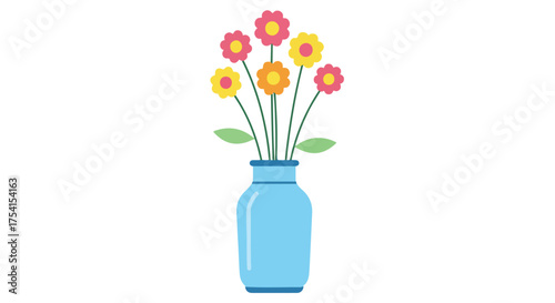 Stylized floral arrangement with pink, yellow, and orange blooms in a light blue vase displayed on a white backdrop showcasing vibrant hues and