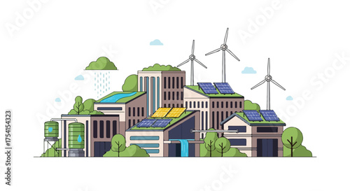 Sustainable Cityscape: An Illustration of Eco-Friendly Urban Living with Renewable Energy and Green Spaces and Architecture