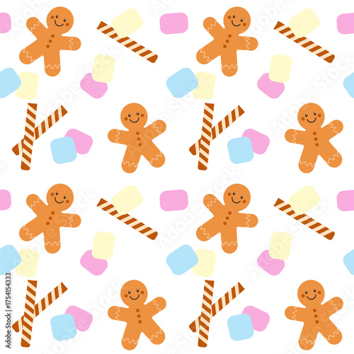 Pattern with Gingerbread man, marshmallows and wafer rolls, winter christmas vibes, on white background.