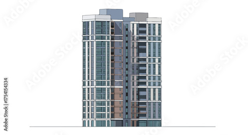 Architectural sketch of a towering contemporary skyscraper featuring a geometric glass facade, a symphony of glass and steel reflecting urban