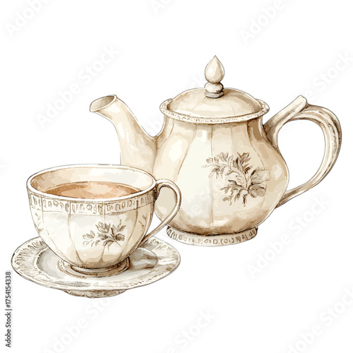 Vintage Floral Teapot and Teacup: Watercolor Tea Set Clipart
