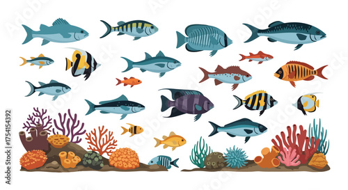Diverse array of aquatic fauna and flora composition, featuring a vibrant underwater ecosystem illustration teeming with fish and coral reefs