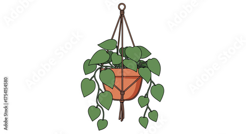 Illustrative depiction of a hanging pothos plant, showcasing verdant foliage cascading from a terracotta pot suspended by macrame cords creating a
