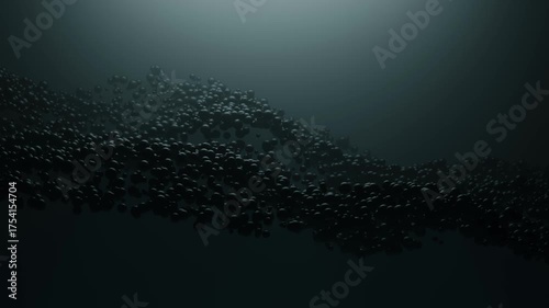 Abstract black spheres form a smooth, flowing wave in a dark ambient space. Elegant 3D composition with a futuristic and surreal mood. Perfect for digital design, tech, or visual storytelling.
