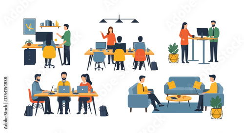 Diverse collaborative workspace scene showcasing different working styles and modern office layouts for team success