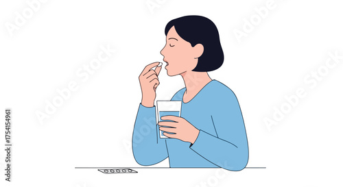 Daily health care concept of a woman taking medicine with water for wellness and disease prevention lifestyle illustration