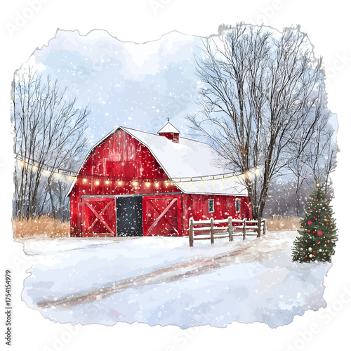 Cozy Red Barn in Snowy Winter Landscape: Watercolor Christmas Clipart
