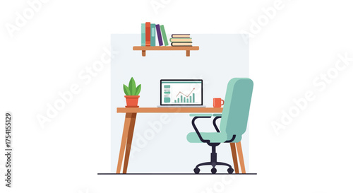 Minimalist office space illustration featuring a laptop displaying business analytics and an ergonomic chair workspace presentation