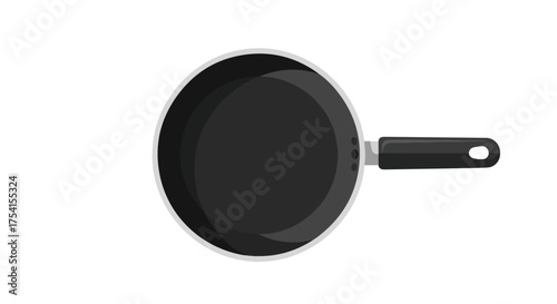 Minimalist vector illustration of a sleek black frying pan on a clean white background cooking utensil with a handle and neutral tones