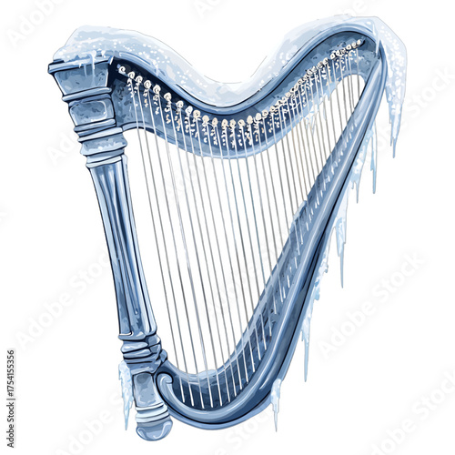 Icy Harp Watercolor Clipart: Winter Frost and Icicle Music Instrument
