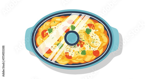 Gratin Dauphinois under a glass lid, showcasing potato slices, cream and tomatoes in an illustrative style presentation