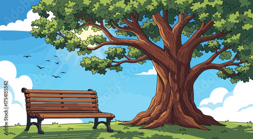 Illustration of park bench under a tree with birds flying in a sunny day with clouds and blue sky