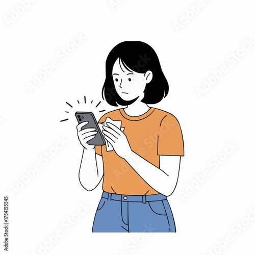 Teen disinfecting phone with alcohol wipe