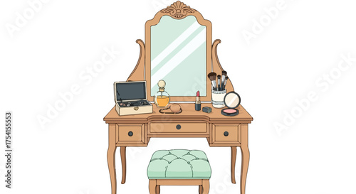 Whimsical Vanity Illustration with Accessories for Beauty and Personal Grooming Depicting a Comfortable Space of Self-Care and Adornment