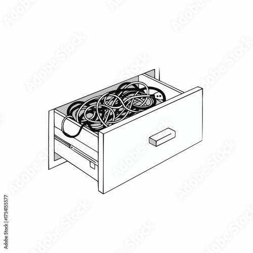 Open drawer with tangled cables