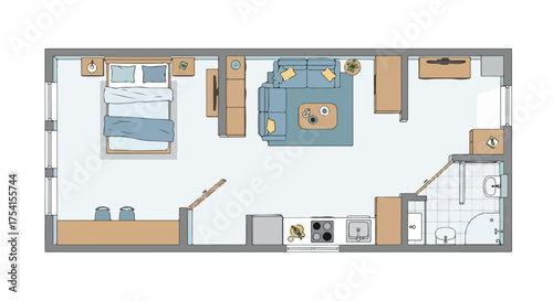 Cozy studio apartment floor plan illustration showcasing efficient space usage and modern interior design elements in a compact living area