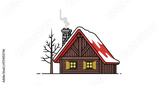 Stylized illustration showcasing a cozy snow-covered cabin with smoke rising from the chimney, set against a clear white background creating a