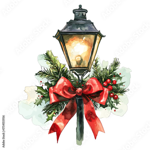 Christmas Lamppost with Red Bow and Holly: Watercolor Holiday Clipart
