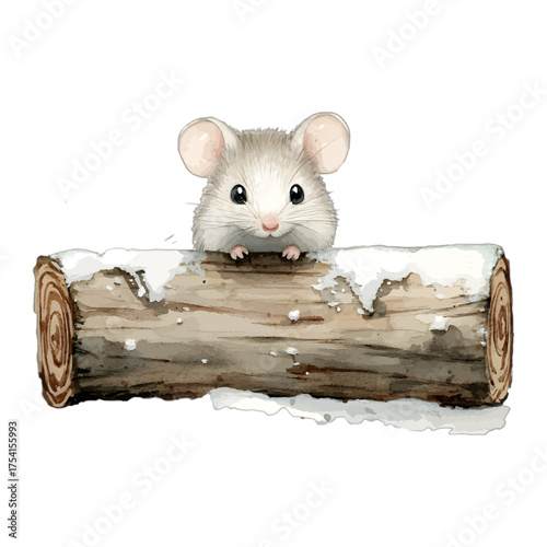 Cute Winter Mouse Clipart: Watercolor Rodent in Snowy Log
