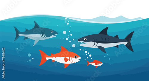 Oceanic realm with sharks and goldfish, cartoon illustration suitable for children's book, vector underwater predator and cute fish in blue backdrop