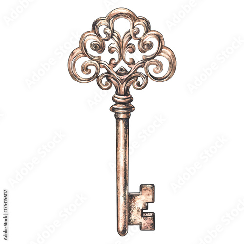 Vintage Skeleton Key Clipart: Watercolor Filigree Key Illustration

