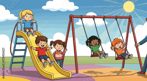Children playing at the playground with slide and swings cartoon illustration for kids activity book design