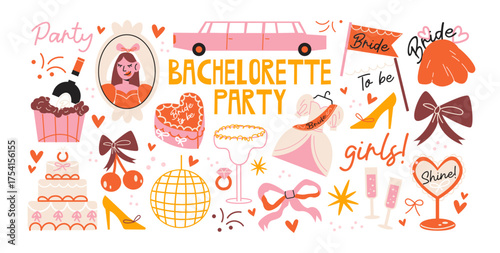 Bachelorette party icons and girls night elements in retro cartoon style. Bride dress, cake, champagne glasses, disco ball. Fun celebration composition for bridal shower and wedding party illustration