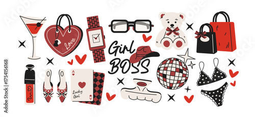 Office boss  girls cartoon cute stickers. Set of girly patches of girl power badges in retro doodle groovy vintage 90s rich girl style