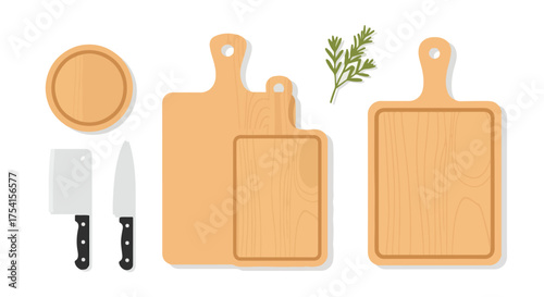 A culinary collection of wooden cutting boards, knives, and fresh herbs for a stylish cooking experience for food preparation