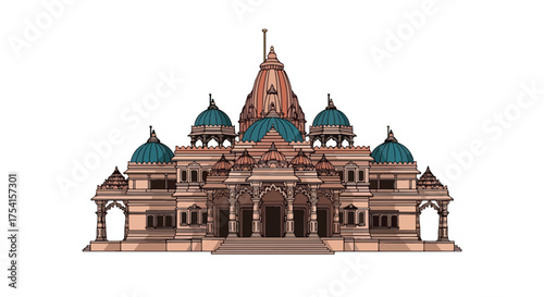 Exquisite architectural rendering: Traditional temple with domed roofs and ornate detailing symbolizing cultural heritage and devotion