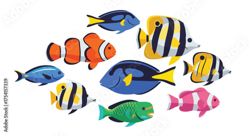 Cartoon Collection of Tropical Fish Species: Vibrant Marine Life for Children's Illustrations and Educational Materials