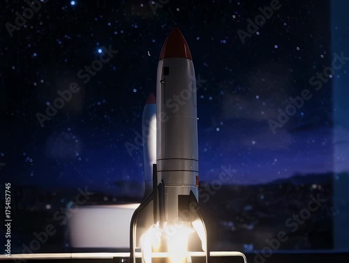 Wallpaper Mural A rocket blasts off from a laptop screen against a window view of a star-filled night Torontodigital.ca